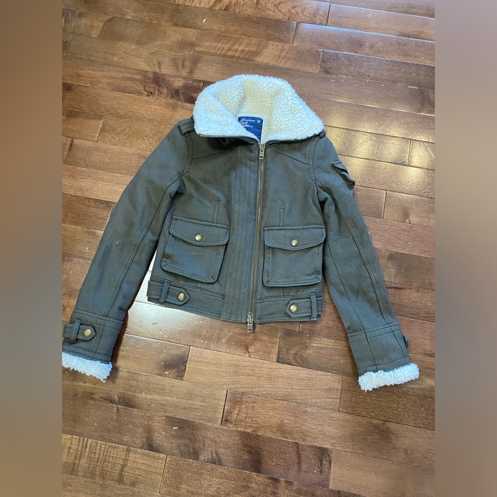 American Eagle Jacket Wool Coat Cropped Army Green Pockets - Size XS